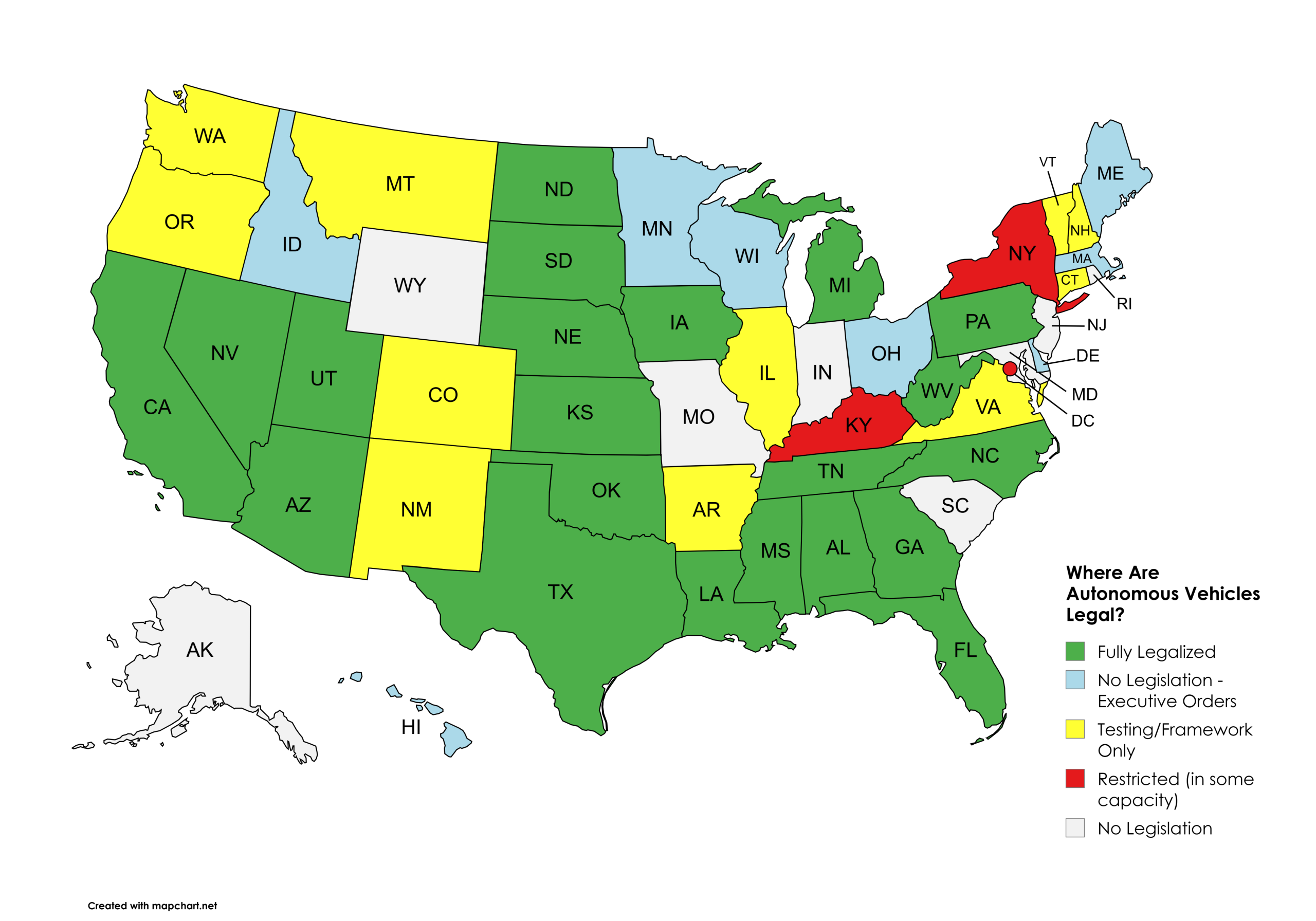 Where Are Autonomous Vehicles Legal State Map 2026 US map showing where autonomous vehicles are legal state by state, categorizing full legalization, testing frameworks, executive orders, and state restrictions.