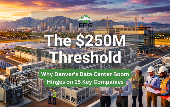 Diverse team of engineers reviewing blueprints at a high-density Denver data center with the Rocky Mountains in the background during sunrise.