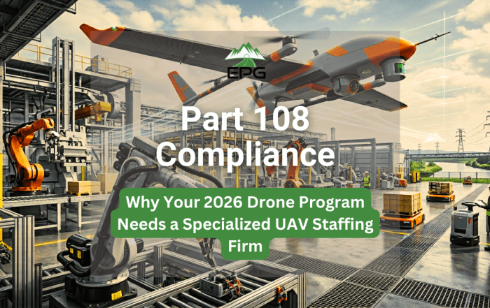 A large-scale automated manufacturing facility utilizing stationary robotic arms and automated guided vehicles (AGVs) while a professional industrial fixed-wing UAV flies BVLOS, demonstrating a fully integrated robotics ecosystem required for Part 108 compliance and managed by a specialized UAV staffing firm.