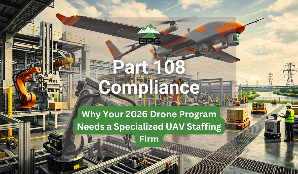 A large-scale automated manufacturing facility utilizing stationary robotic arms and automated guided vehicles (AGVs) while a professional industrial fixed-wing UAV flies BVLOS, demonstrating a fully integrated robotics ecosystem required for Part 108 compliance and managed by a specialized UAV staffing firm.