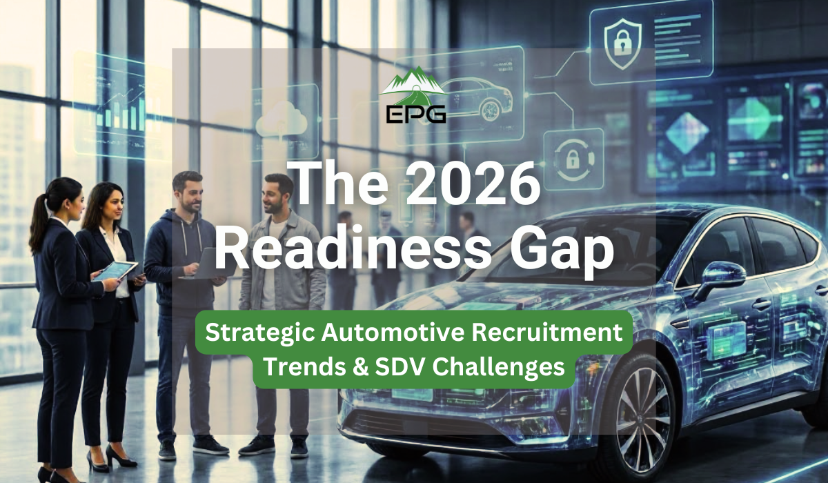 Executives and engineers stand beside a futuristic electric vehicle surrounded by digital data overlays, representing 2026 automotive recruitment trends in Software‑Defined Vehicles, cybersecurity, and simulation‑first engineering.