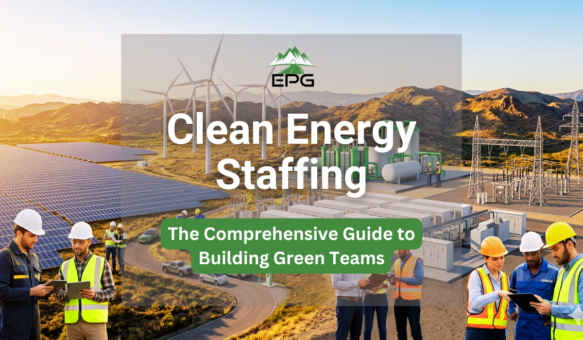 A wide landscape photograph of a clean energy facility, featuring solar panel fields on the left, wind turbines in the mountains, a green hydrogen production plant, and a group of EPG staffing professionals (engineers and technicians in hard hats and safety vests) collaborating with tablets in the foreground.
