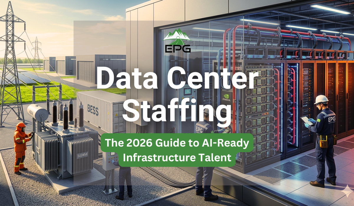 Data center staffing: technicians wearing EPG uniforms performing maintenance on high-density liquid-cooled AI server racks, an on-site 500MW substation, and a BESS unit.