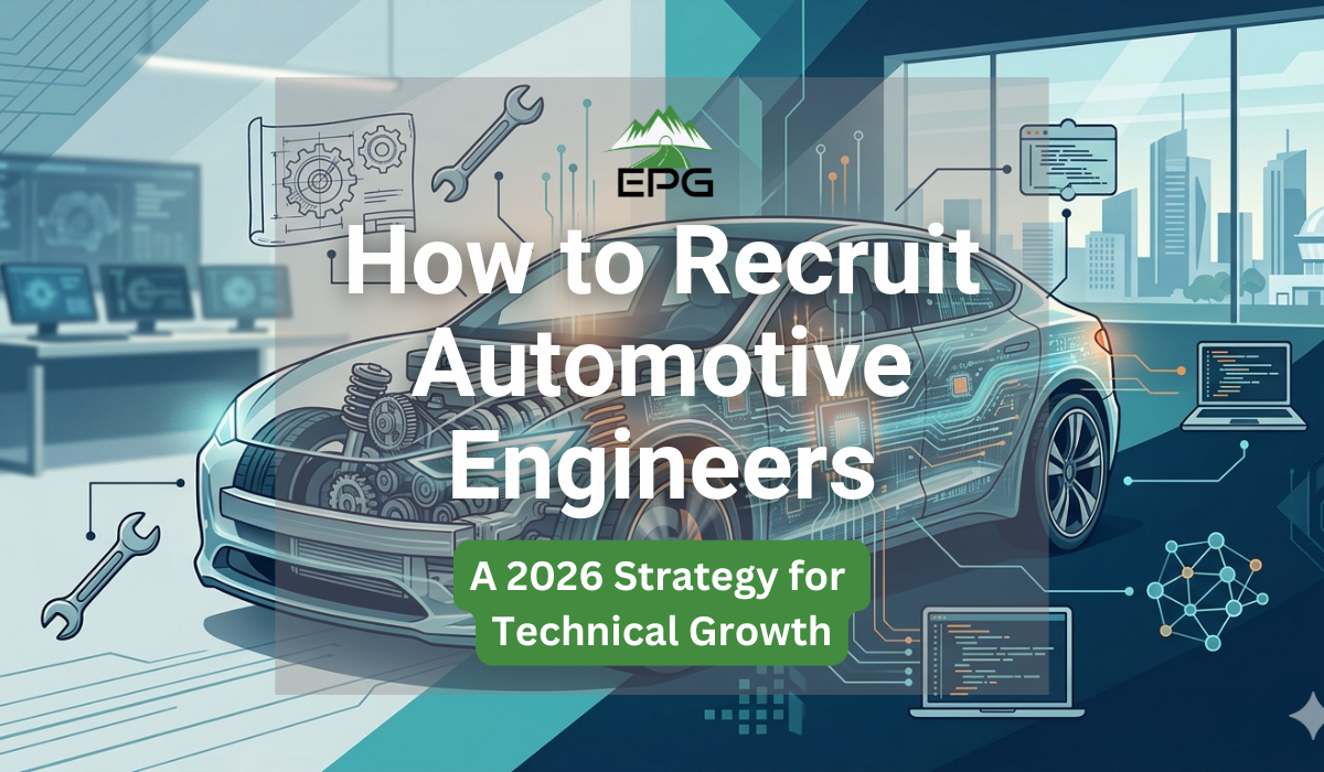 A conceptual illustration of a car designed to help recruit automotive engineers, showing a split-view of traditional mechanical components on one side and glowing digital circuits and software nodes on the other.