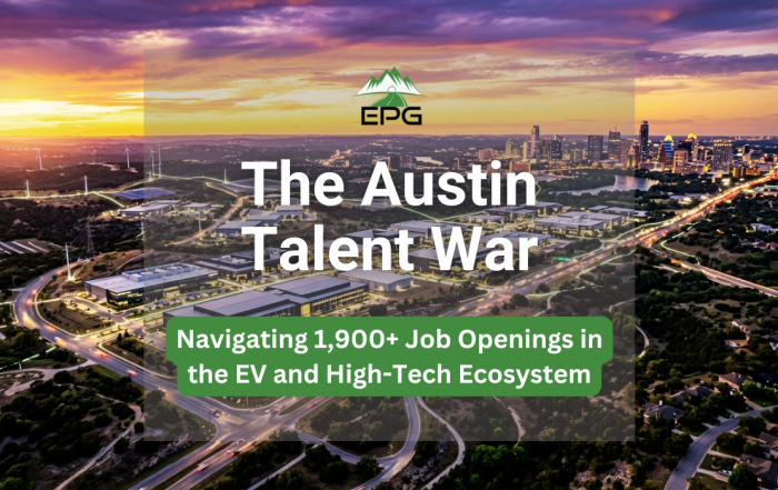 Austin EV jobs report featuring an aerial view of high-tech manufacturing corridors and the downtown skyline at sunset.