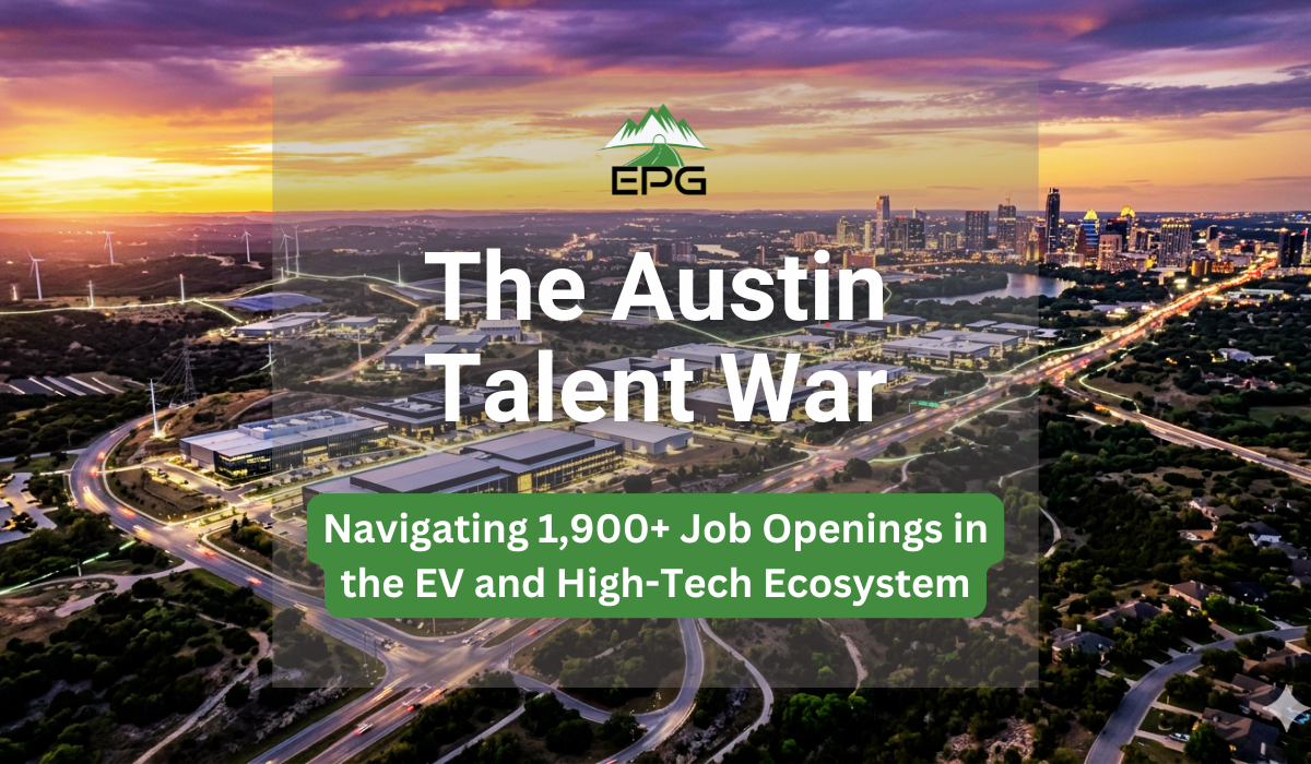 EPG Austin Talent War Feature Image Austin EV jobs report featuring an aerial view of high-tech manufacturing corridors and the downtown skyline at sunset.