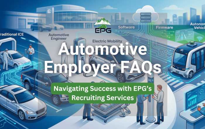 A detailed panoramic illustration for EPG's automotive employer FAQs showing the various facets of the modern automotive industry, including traditional internal combustion vehicles, electric mobility, autonomous shuttles, and technical engineering work.