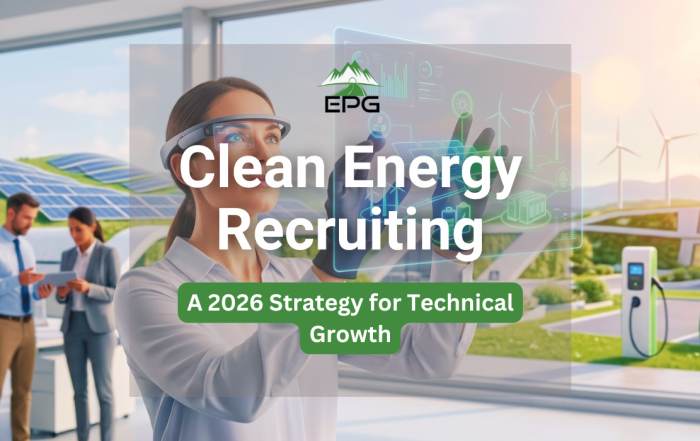 A professional recruiter utilizing augmented reality smart glasses to analyze and select candidates for specialized clean energy recruiting roles in solar and wind power.
