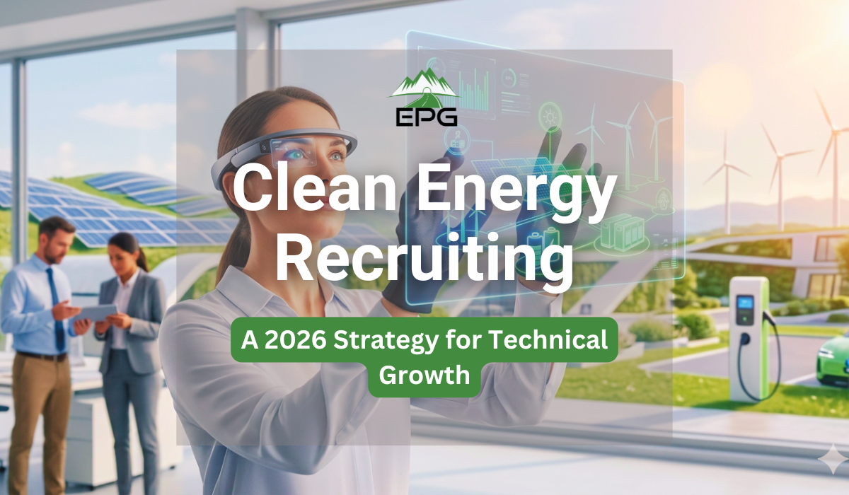 A professional recruiter utilizing augmented reality smart glasses to analyze and select candidates for specialized clean energy recruiting roles in solar and wind power.