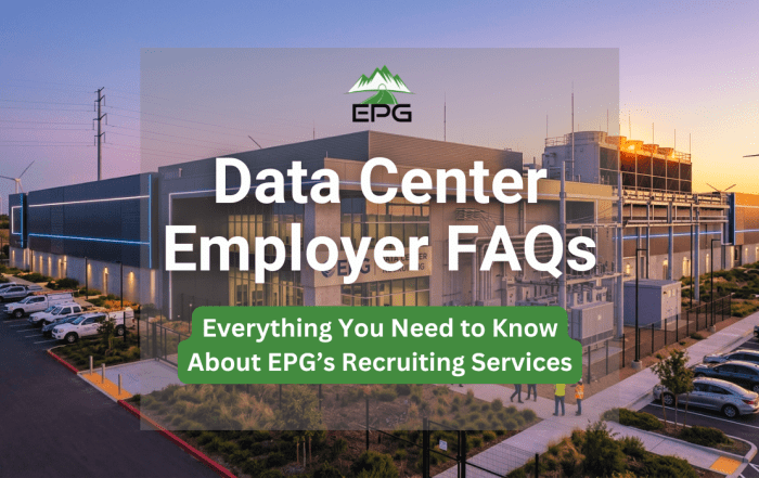 A modern industrial data center facility at sunset with EPG branding, illustrating mission-critical infrastructure recruiting services.