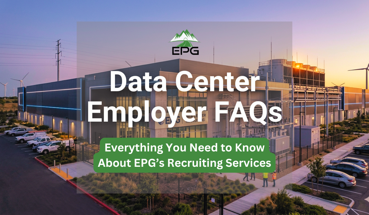 A modern industrial data center facility at sunset with EPG branding, illustrating mission-critical infrastructure recruiting services.