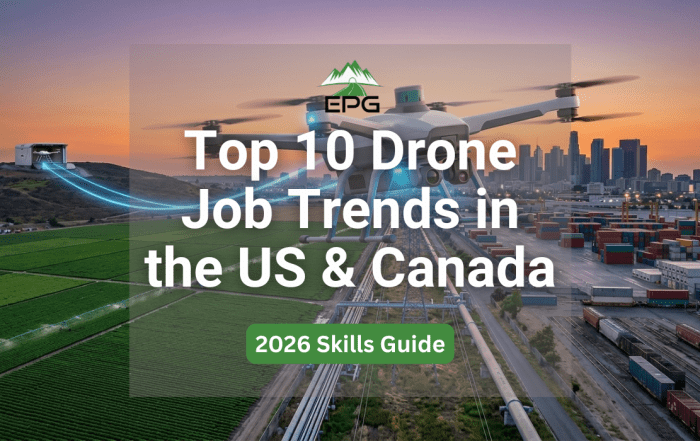 A commercial drone flying over a high-growth industrial infrastructure corridor and agricultural fields, illustrating top in-demand drone jobs 2026.