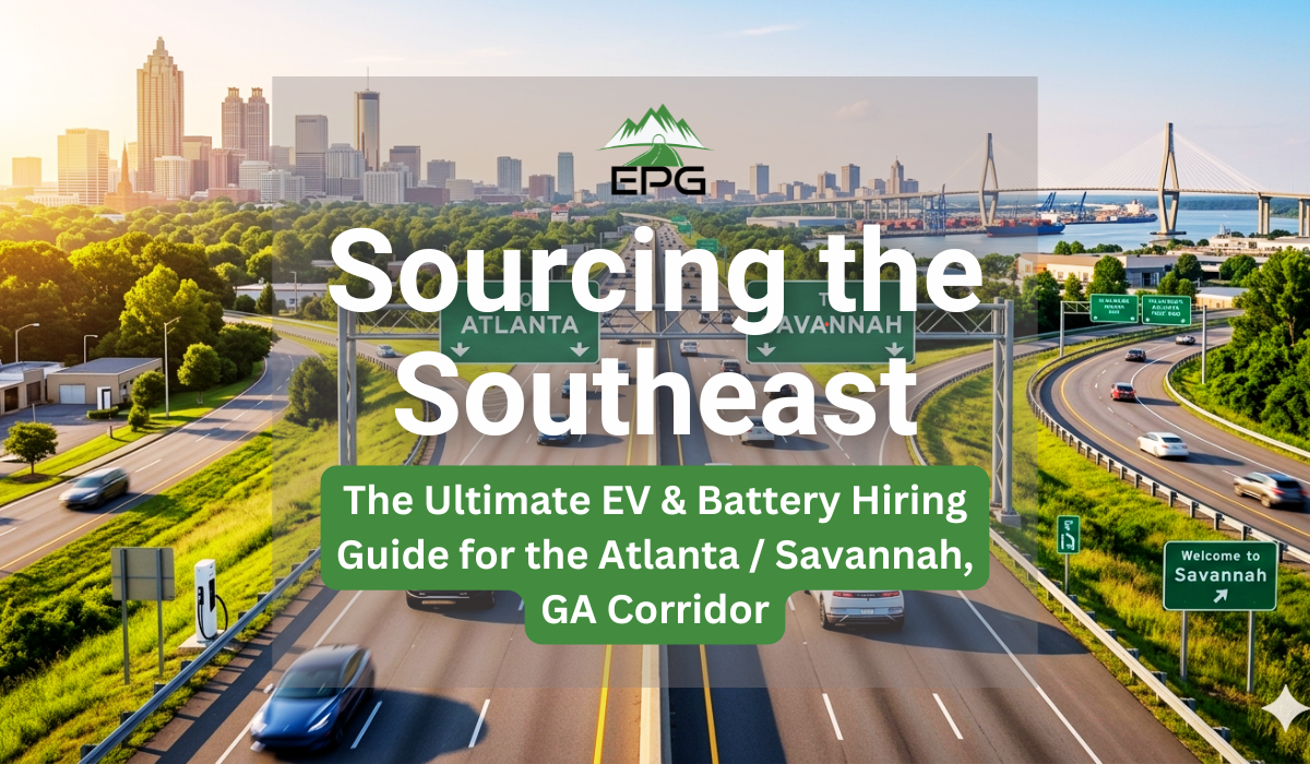 EV Recruitment Southeast: Driving Strategic Talent Pipeline Infrastructure along the I-16 Corridor. Aerial photo of a Georgia highway split showing a blue Rivian truck driving toward the Atlanta skyline and a white Hyundai EV heading toward the Savannah port bridge, representing EV recruitment in the Southeast.