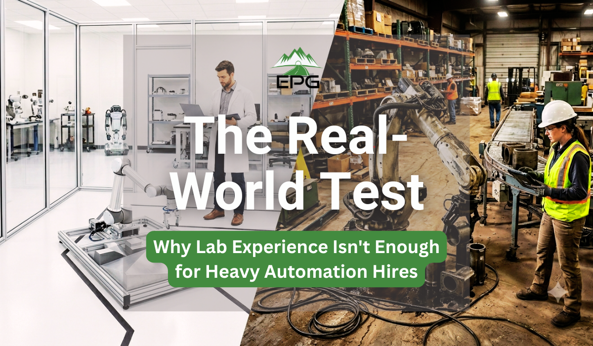 Split-screen showing the Sim-to-Real gap encountered when hiring robotics engineers, contrasting a clean testing lab with a gritty industrial factory floor.