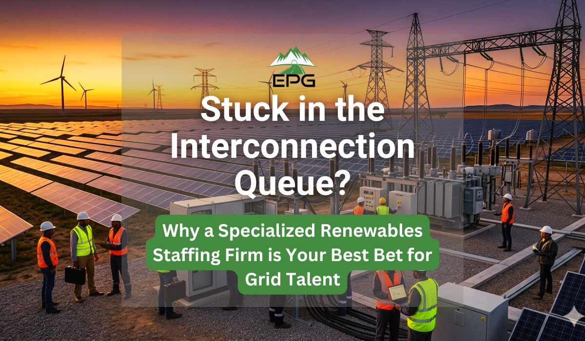 A team of grid integration engineers checking power substations at a utility-scale solar farm, sourced via a specialized renewables staffing firm.