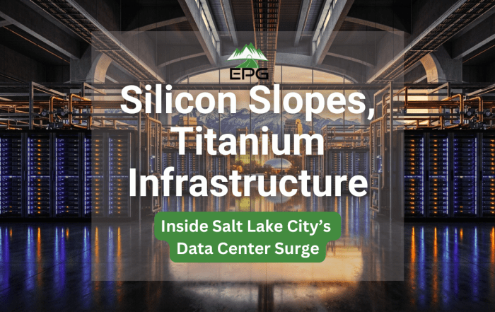 A high-density data center floor overlooking the Salt Lake City skyline and Wasatch Mountains, representing Salt Lake City data centers.