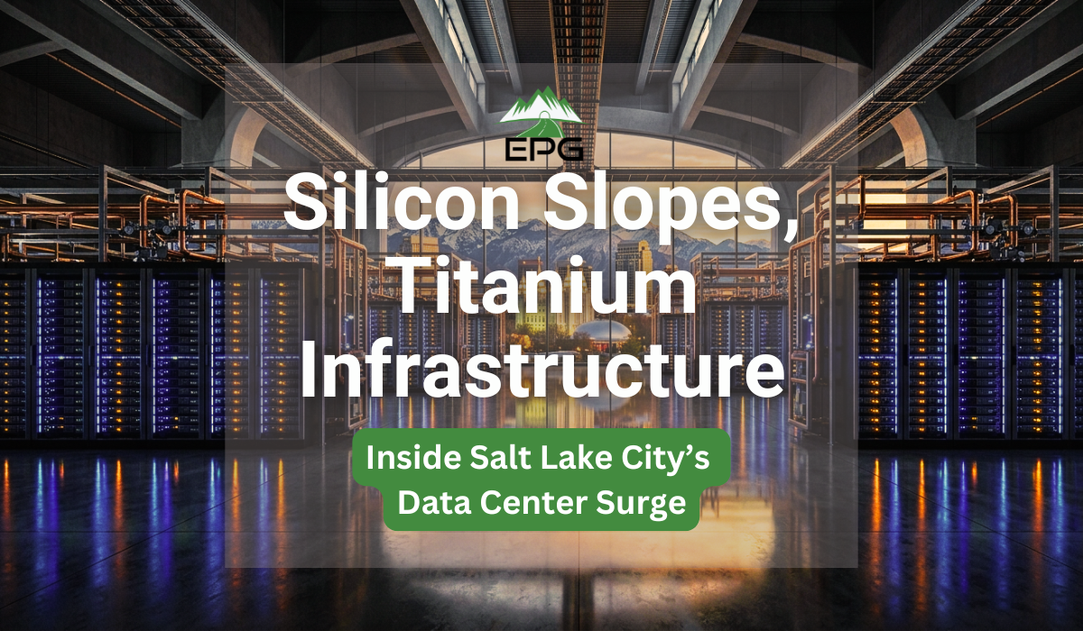 A high-density data center floor overlooking the Salt Lake City skyline and Wasatch Mountains, representing Salt Lake City data centers.