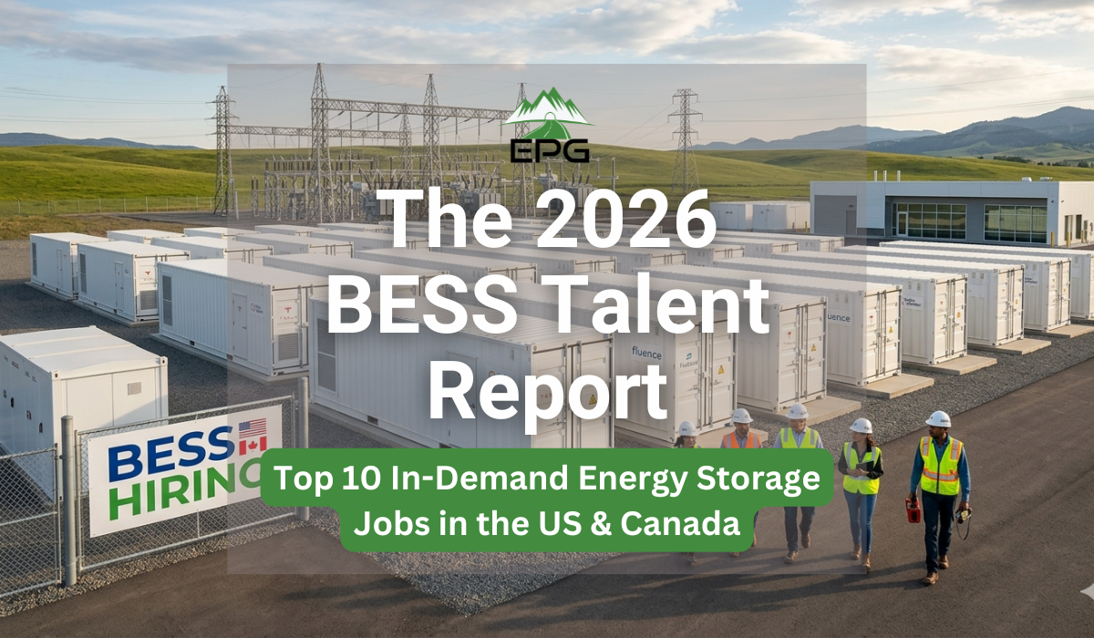 A large-scale Battery Energy Storage System (BESS) facility with neat rows of white battery storage containers, adjacent to a power substation. In the foreground, a prominent sign reads "BESS HIRING" with US and Canadian flags, and a team of engineers in high-visibility safety vests walks past the units.
