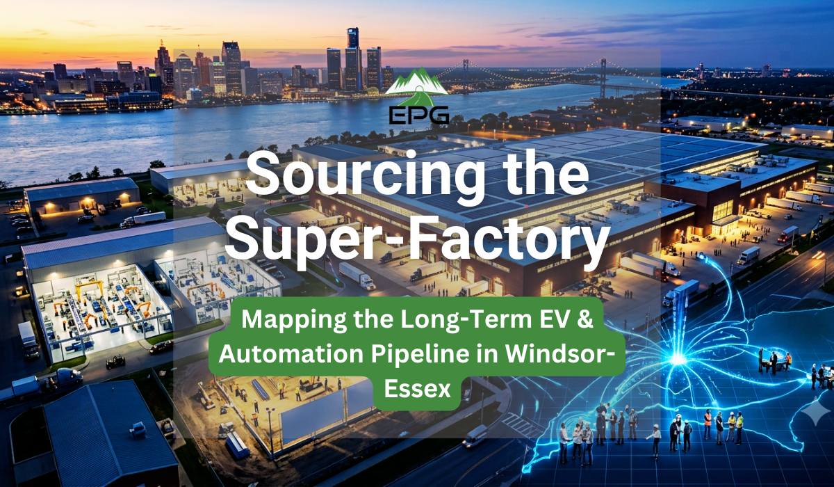 Aerial view of the NextStar Energy plant and automotive automation cluster in Windsor-Essex, symbolizing the complex local landscape for EV manufacturing talent.