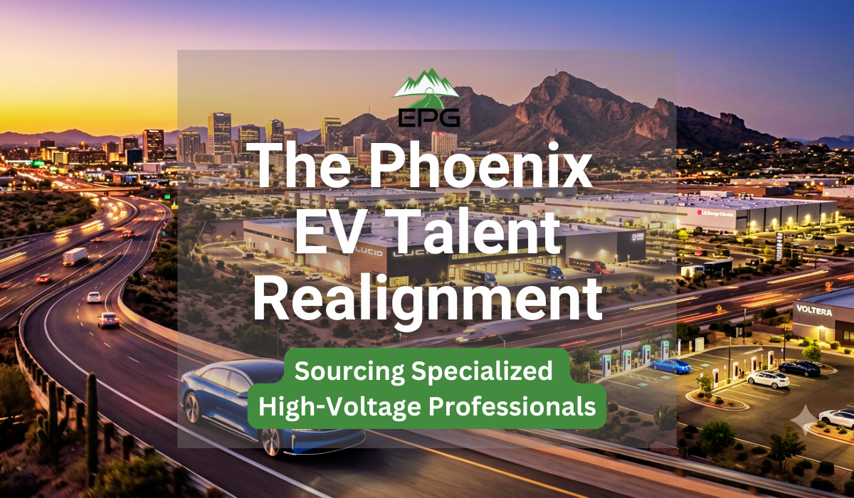 EPG EV Talent in Phoenix Feature Image An aerial view of the Phoenix Electric Valley landscape showcasing a modern electric vehicle on a highway, advanced manufacturing facilities, and EV charging infrastructure to highlight the growing EV talent in Phoenix.