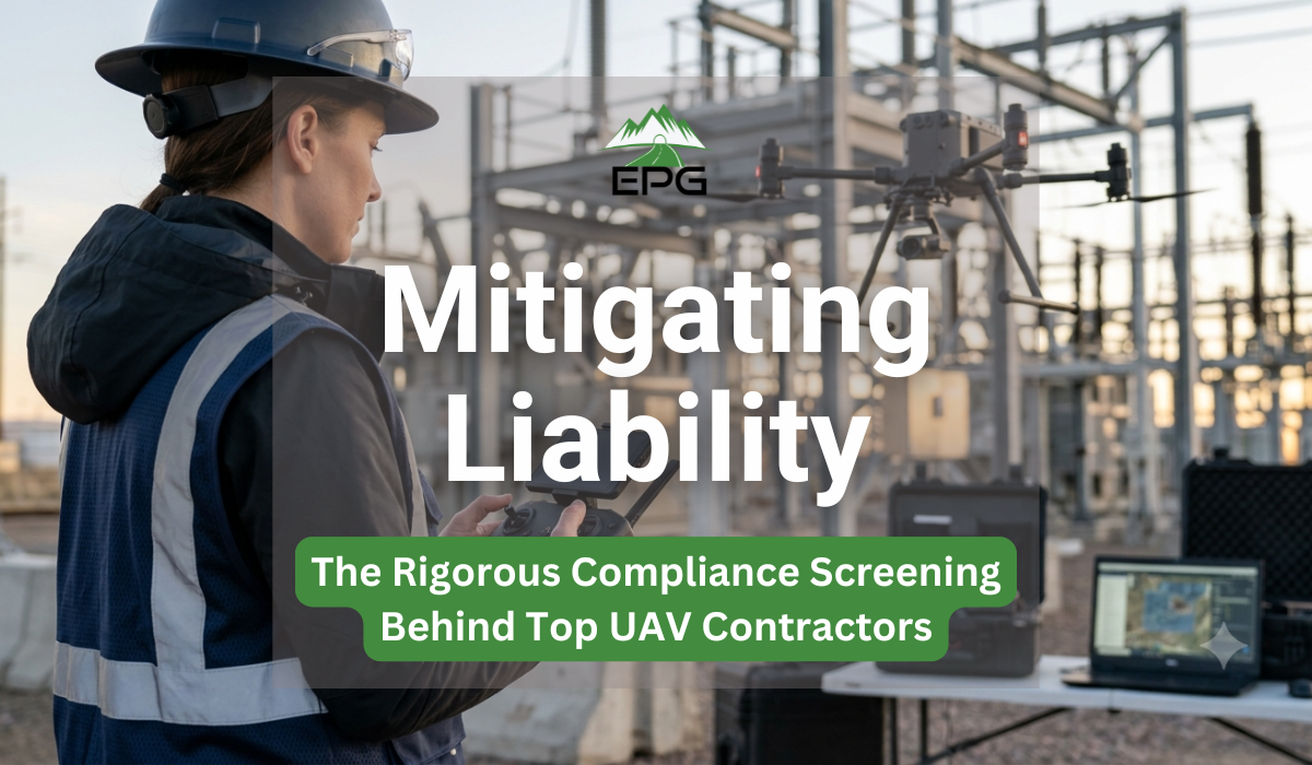 EPG UAV Contractors Feature Image A close-up portrait of a professional female pilot operating an advanced hexacopter drone near industrial substation infrastructure.
