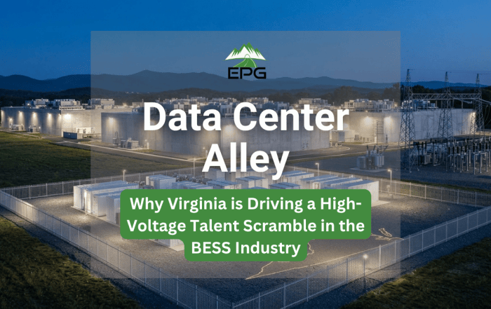 Aerial view at dusk of a massive hyperscale data center campus in Northern Virginia paired with a utility-scale battery energy storage system (BESS) yard.