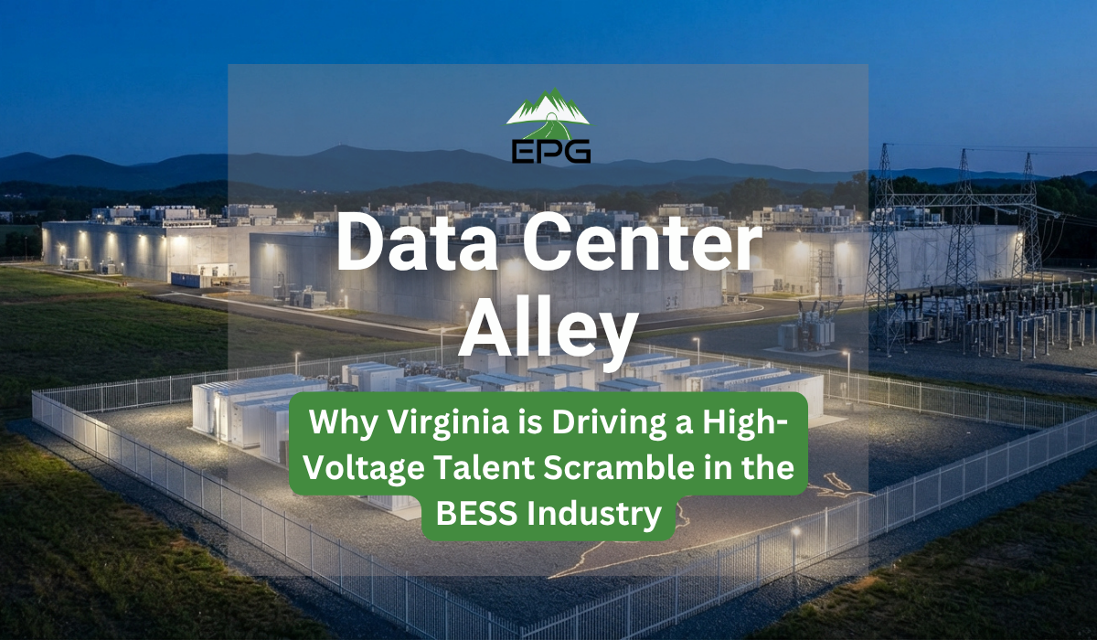 Aerial view at dusk of a massive hyperscale data center campus in Northern Virginia paired with a utility-scale battery energy storage system (BESS) yard.