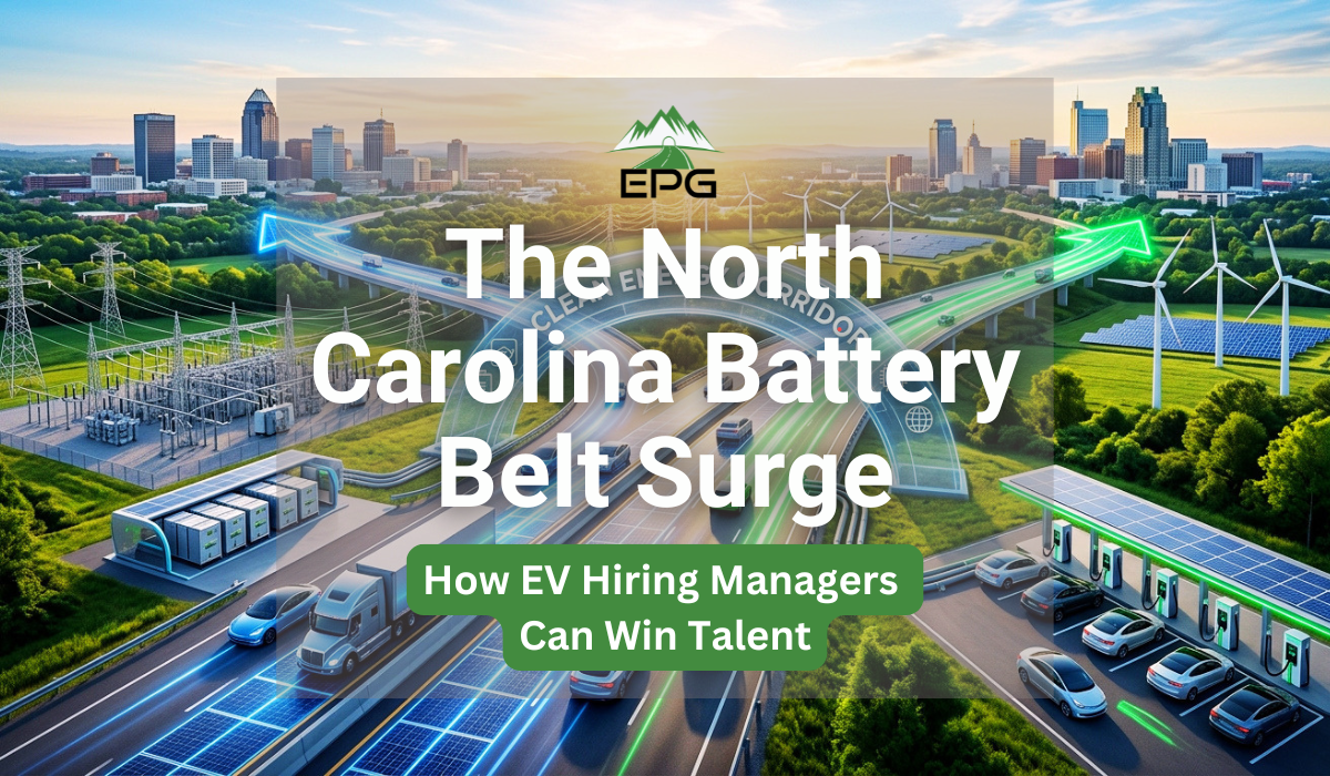 High-tech electric vehicles traveling along a highway connecting energy storage hubs with the Greensboro and Raleigh skylines in the background.