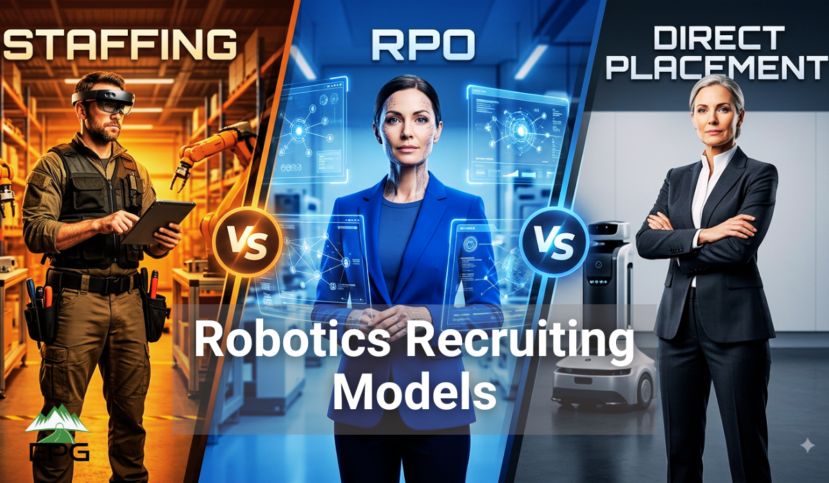 Comparison of robotics recruiting models showing Staffing, RPO, and Direct Placement characters in a three-column versus screen.
