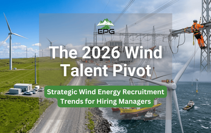 Onshore and offshore infrastructure illustrating key wind energy recruitment trends and high-voltage grid connections.