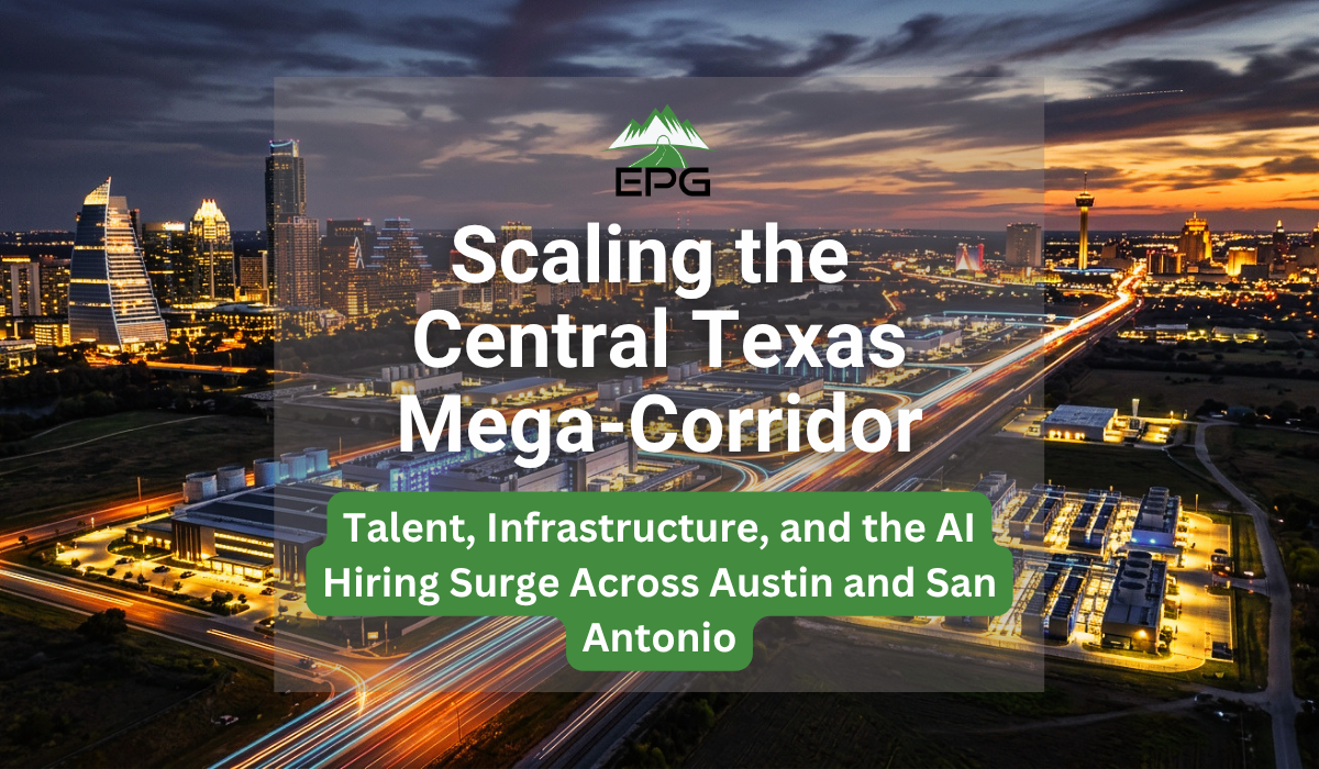 An aerial twilight view of the Austin and San Antonio skylines connected by a high-speed data highway corridor, flanked by massive digital infrastructure and data center campuses illustrating the regional infrastructure boom driving data center recruitment.