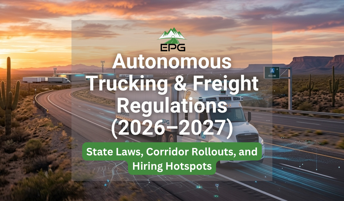 Autonomous trucking jobs visual showing a Class 8 self-driving semi truck navigating a high-tech digital highway at sunset.