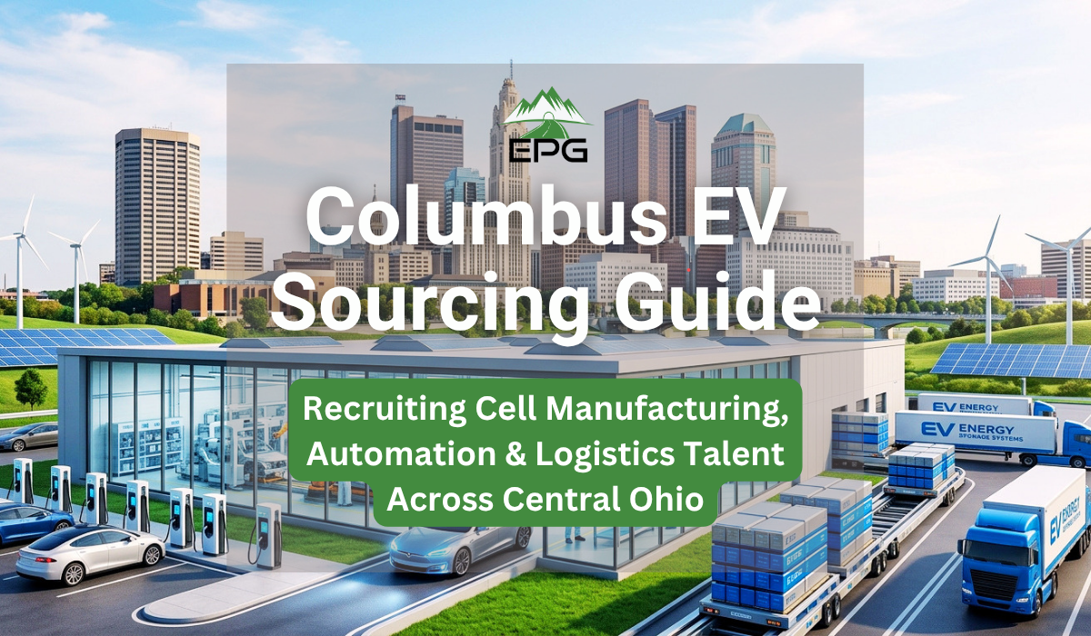 Columbus EV sourcing guide header showing advanced battery manufacturing facility with the downtown Columbus Ohio skyline.