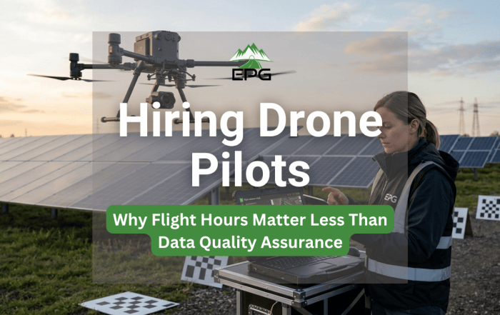 A female technical recruitment specialist with a safety vest and laptop verifies industrial inspection data collected by a hovering professional UAV.