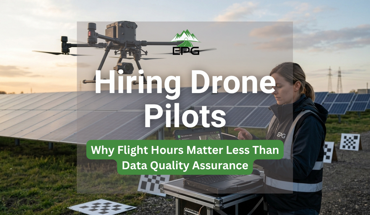 A female technical recruitment specialist with a safety vest and laptop verifies industrial inspection data collected by a hovering professional UAV.
