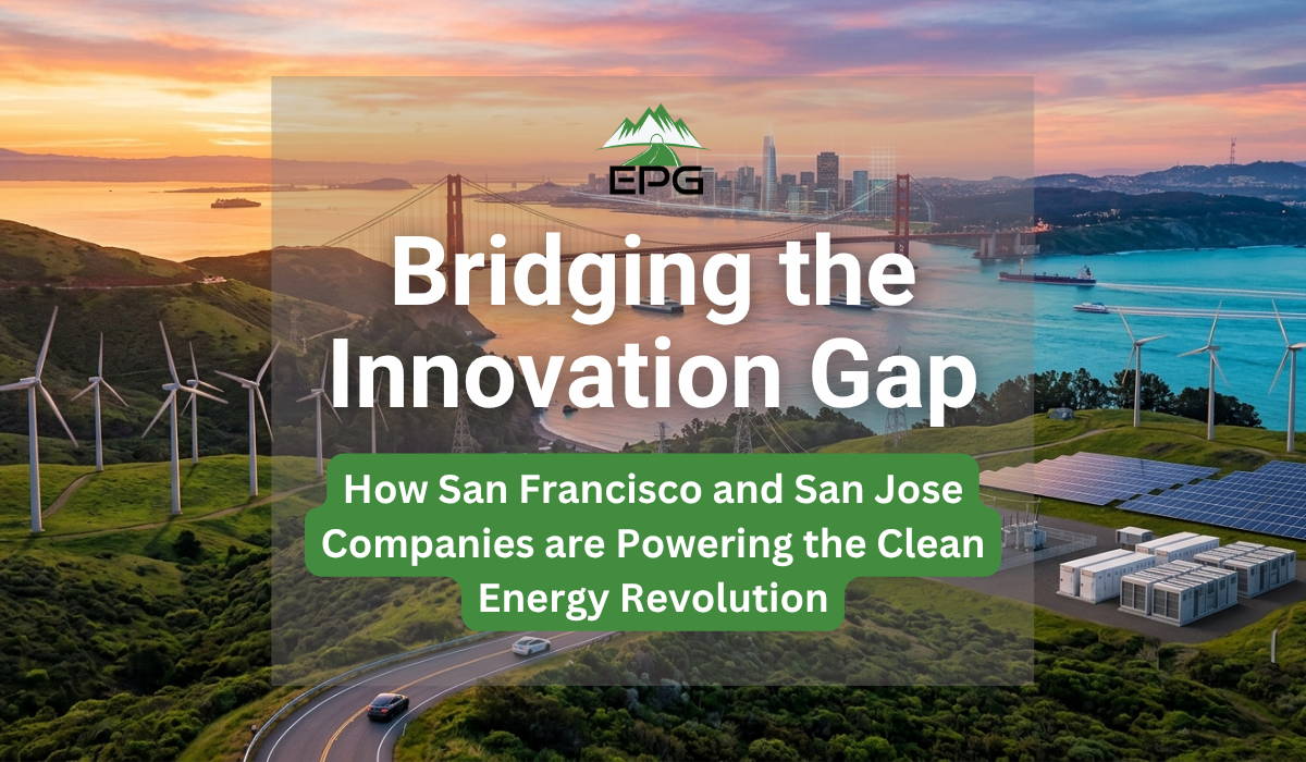Bay Area energy landscape map visualizing clean energy innovation across regional hubs at sunset.