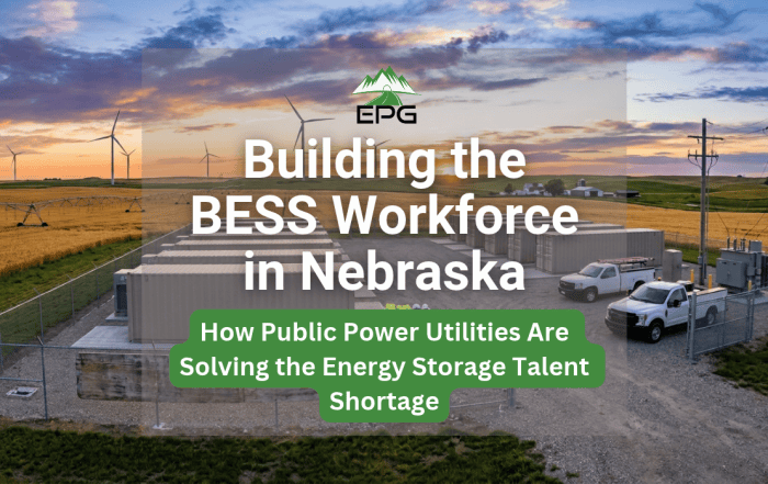 Utility-scale Nebraska BESS recruitment featured image showing battery storage containers and wind turbines across a Nebraska rural landscape.