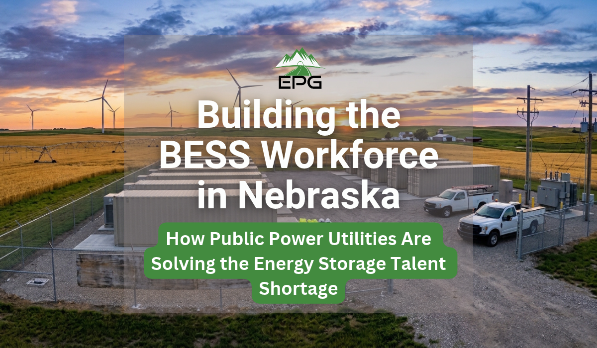 Utility-scale Nebraska BESS recruitment featured image showing battery storage containers and wind turbines across a Nebraska rural landscape.
