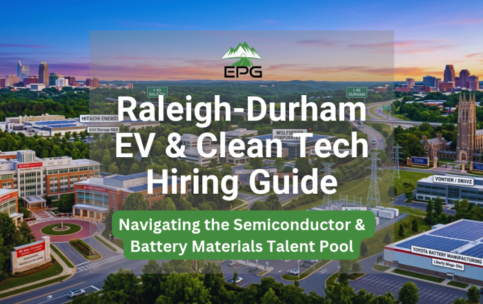 Illustrative aerial cover graphic for the Raleigh Durham EV hiring guide highlighting Research Triangle clean tech innovation hubs between Raleigh and Durham skyline horizons.