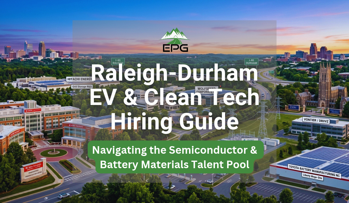 EPG Raleigh Durham EV Hiring Guide Feature Image Illustrative aerial cover graphic for the Raleigh Durham EV hiring guide highlighting Research Triangle clean tech innovation hubs between Raleigh and Durham skyline horizons.
