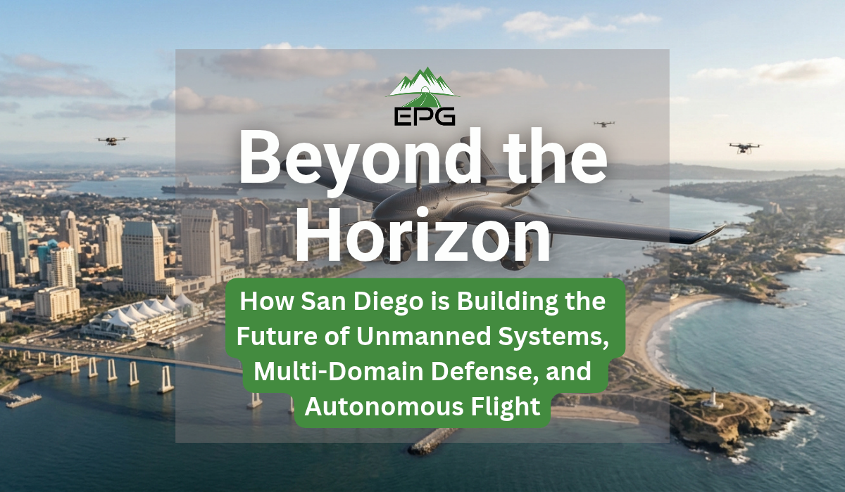 EPG San Diego UAV Technology Feature Image San Diego UAV technology and autonomous flight over the San Diego bay skyline
